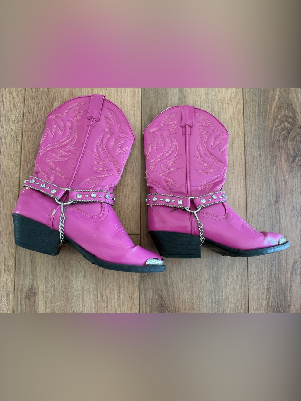 Kids Pink Western Ankle Boots with Studded Harness minor stuff on one
